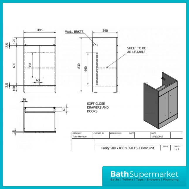 Purity Storm Grey Gloss Floorstanding Vanity Unit & Ceramic Basin 500mm
