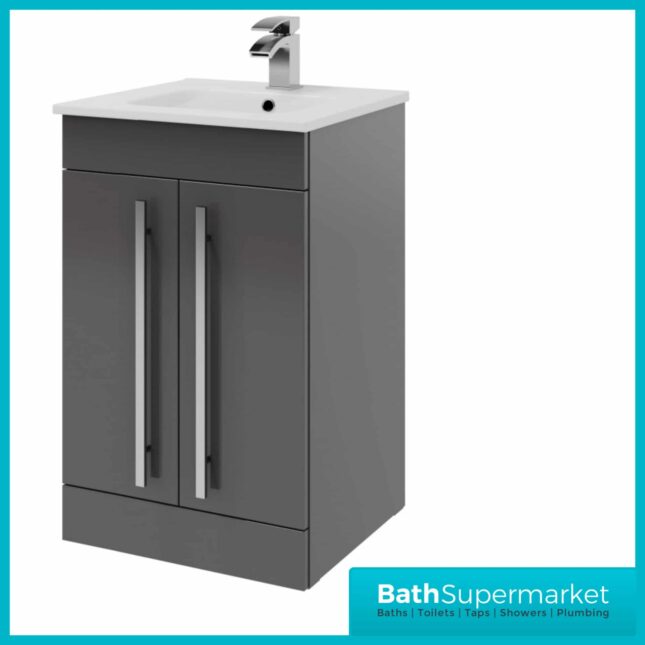 Purity Storm Grey Gloss Floorstanding Vanity Unit & Ceramic Basin 800mm