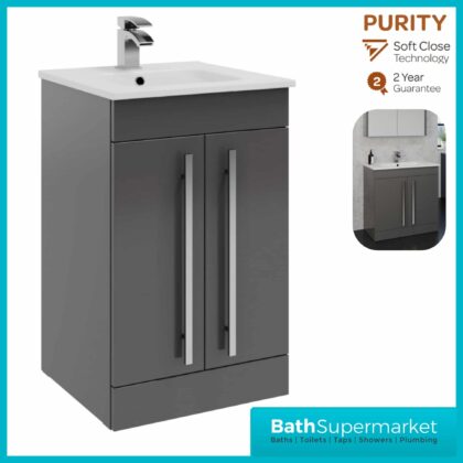 Purity Storm Grey Gloss Floorstanding Vanity Unit & Ceramic Basin 500mm