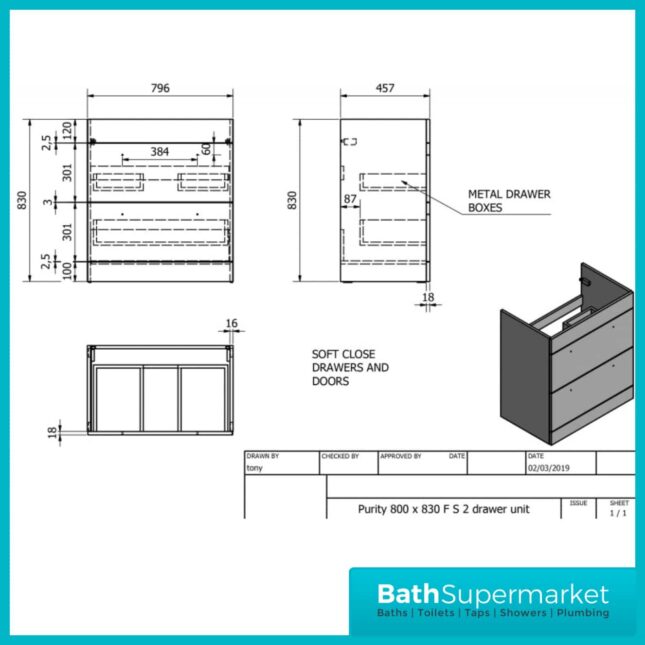 Purity Grey Ash Floorstanding Drawer Unit & Ceramic Basin 800mm
