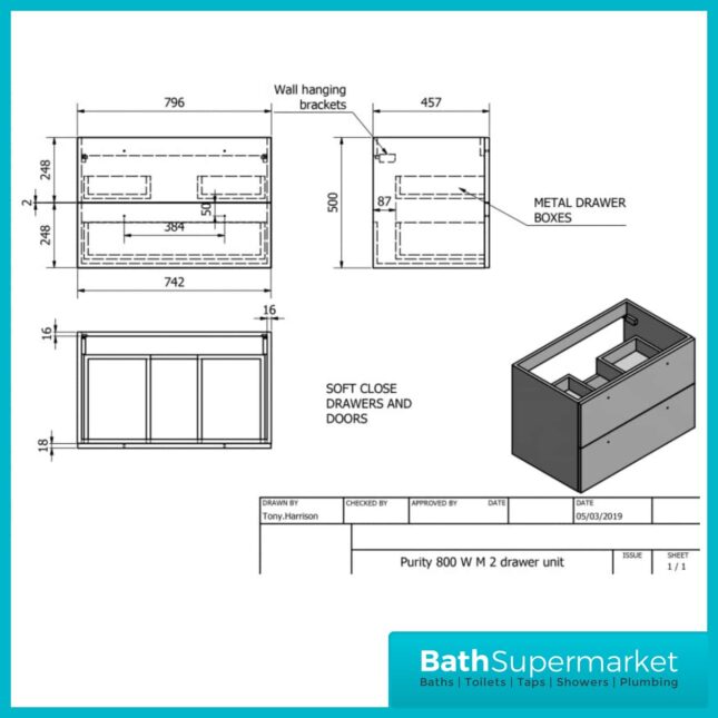 Purity Grey Ash Wall Mounted Drawer Unit & Ceramic Basin 800mm