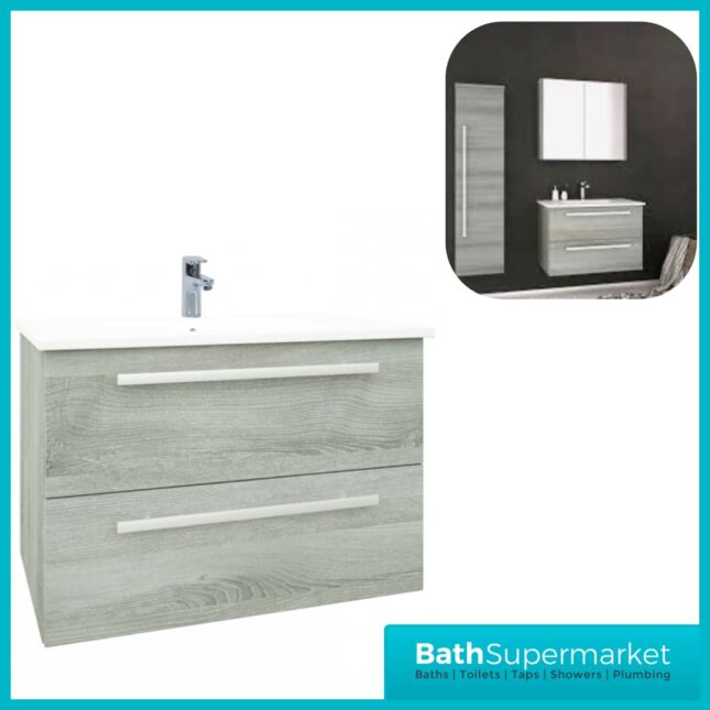 Purity Grey Ash Wall Mounted Drawer Unit & Ceramic Basin 600mm