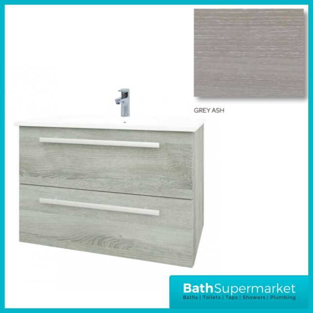 PURITY 800MM WALL MOUNTED 2 DRAWER UNIT & CERAMIC BASIN - SILVER OAK - Image 8