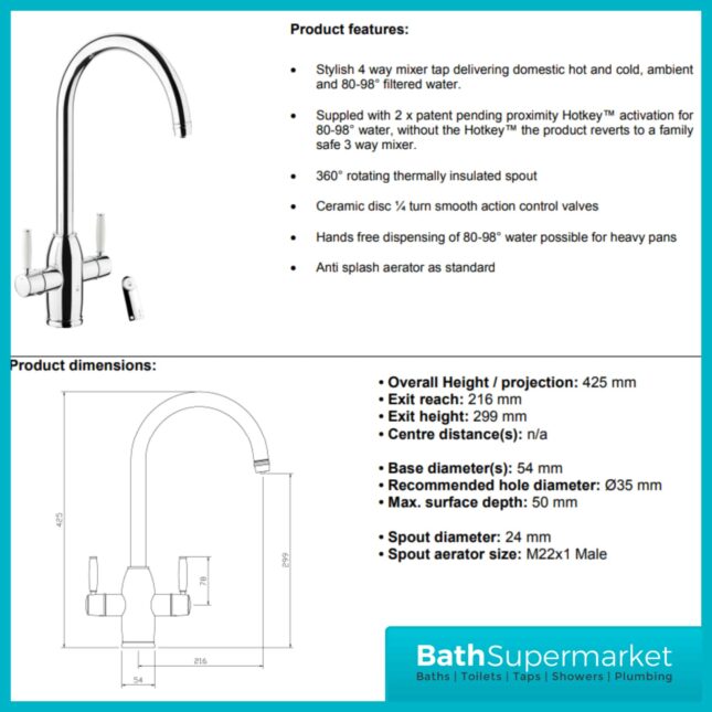 Abode Province Brushed Nickel 4-In-1 Monobloc Instant Hot Tap & Water Tank