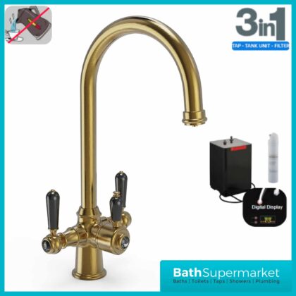 Brushed Brass Traditional Cruciform Black Handle 3-In-1 Instant Boiling Tap