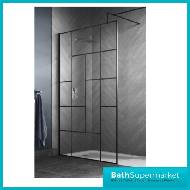 Matt Black Abstract Grid Wetroom Screen 8mm & Support Arm 800mm-900-1000mm - Image 3
