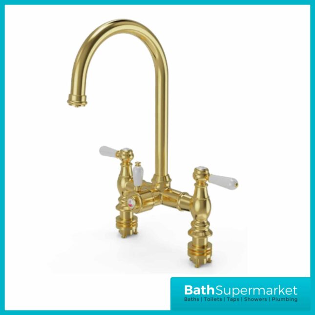 Brushed Brass Traditional Bridge White Handle 3-In-1 Instant Hot Tap