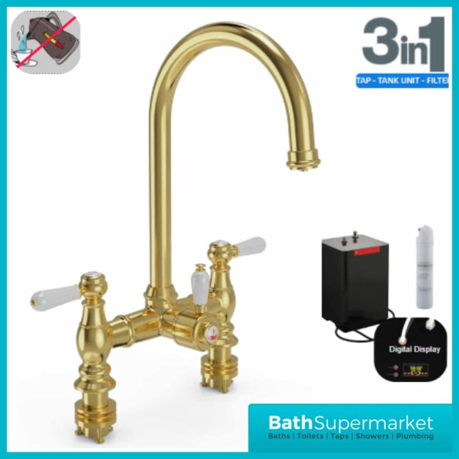 Brushed Brass Traditional Bridge White Handle 3-In-1 Instant Hot Tap