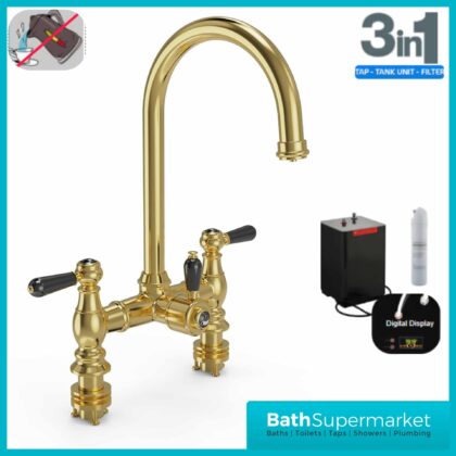 Brushed Brass Traditional Bridge Black Handle 3-In-1 Instant Boiling Tap