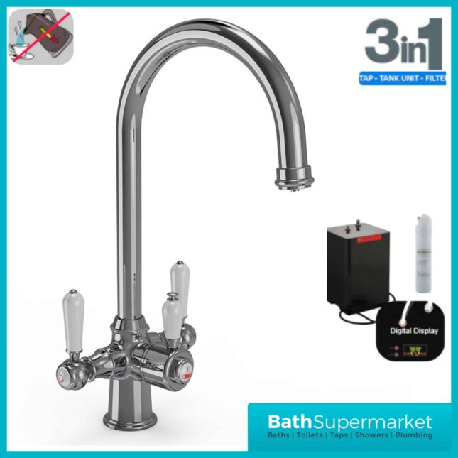 Chrome Traditional Cruciform White Handle 3-In-1 Instant Boiling Water Tap