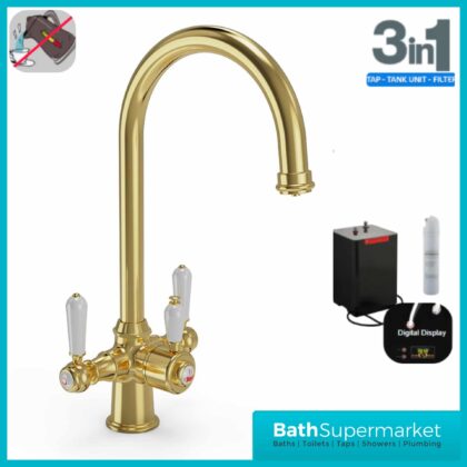 Brushed Brass Traditional Cruciform White Handle 3-In-1 Instant Boiling Tap