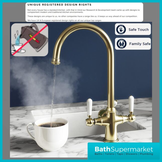 Brushed Brass Traditional Cruciform White Handle 3-In-1 Instant Boiling Tap