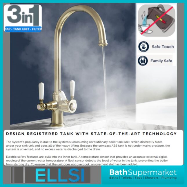 Brushed Brass Traditional Cruciform White Handle 3-In-1 Instant Boiling Tap