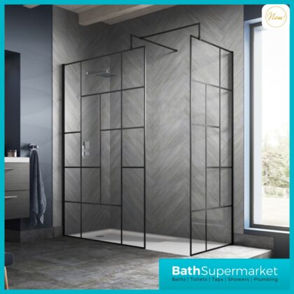 Matt Black Abstract Grid Wetroom Screen 8mm & Support Arm 800mm-900-1000mm