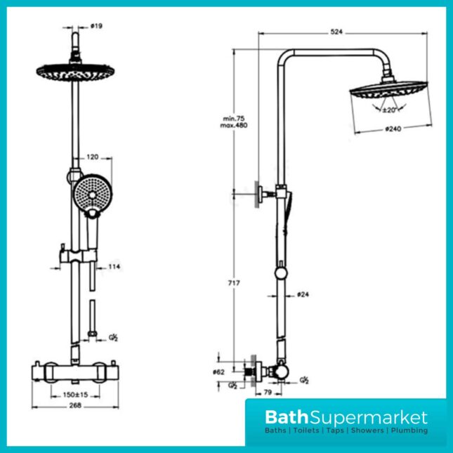 Vitra Black Aquacontrol Bliss 240 Thermostatic Shower Column