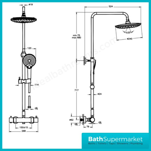 Vitra Chrome Aquacontrol Bliss 240 Thermostatic Shower Column