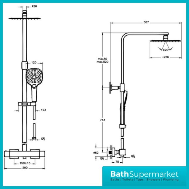 Vitra Square Chrome Aquaheat Bliss S 230 Thermostatic Mixer Shower Column