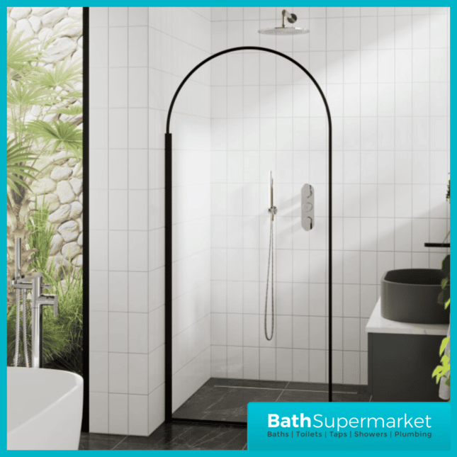 Nuie Matt Black Arched Wetroom Shower Screen - 800mm & 900mm Width