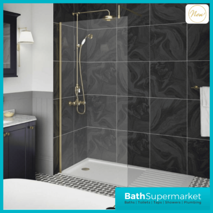 Nuie Wetroom Shower Screen & Brushed Brass Arm Support 700mm-1400mm