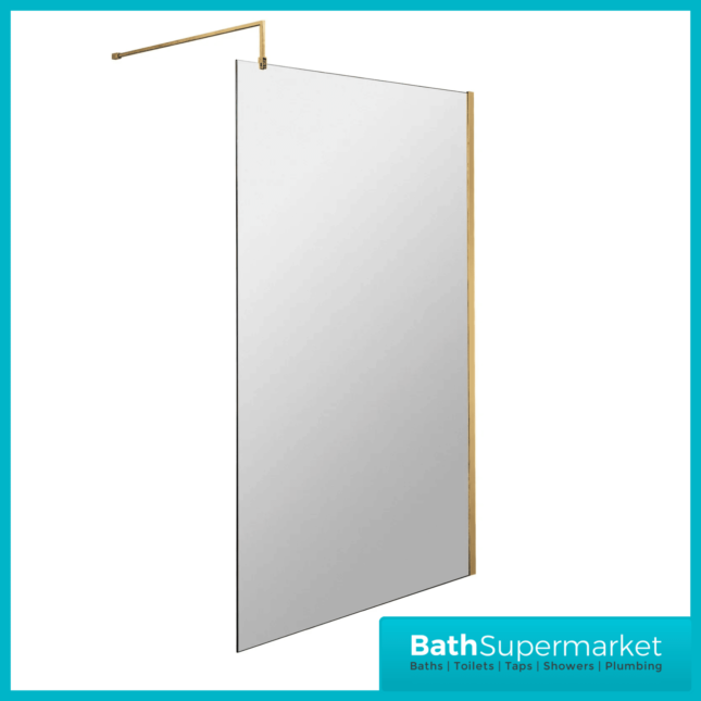 Nuie Wetroom Shower Screen & Brushed Brass Arm Support 700mm-1400mm