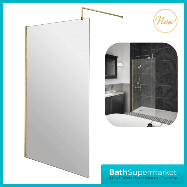 Wetroom Shower Screen & Brushed Brass Support Arm Bar 1000mm