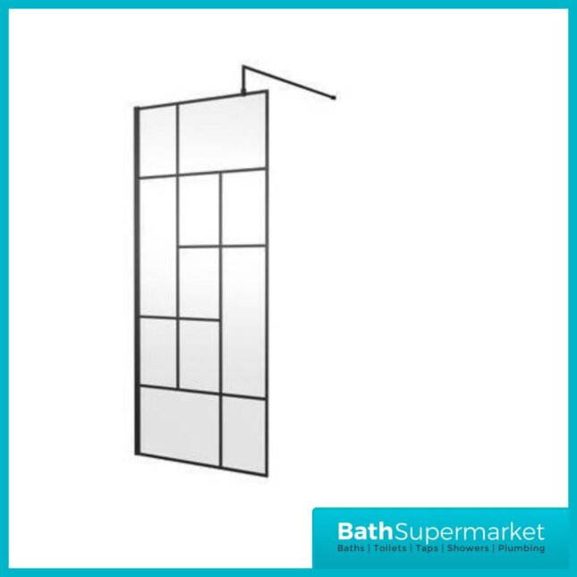 Matt Black Abstract Grid Wetroom Screen 8mm & Support Arm 800mm-900-1000mm - Image 4