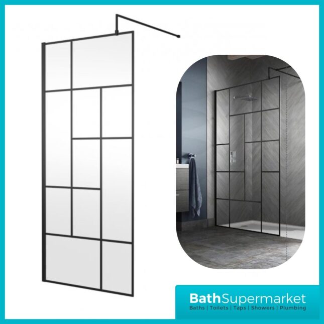 Matt Black Abstract Grid Wetroom Screen 8mm & Support Arm 800mm-900-1000mm
