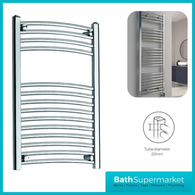 K-Rail Chrome Curved Heated Towel Rail 600mm Wide - Various Heights