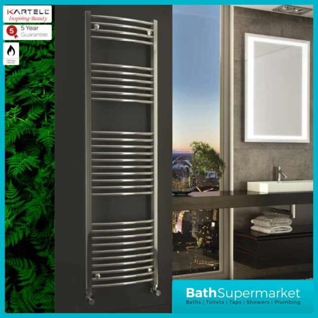 K-Rail Chrome Curved Heated Towel Rail 600mm Wide - Various Heights
