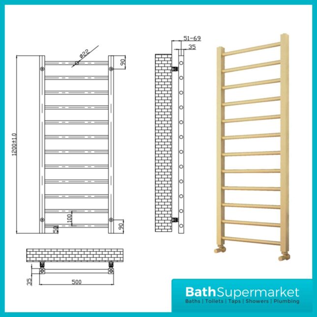 Sognare Vibraz Brushed Brass Designer Towel Radiator 500mm x 1200mm