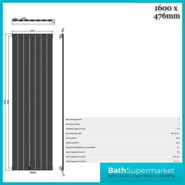 Sognare Bravo Anthracite Single Designer Radiator 1600mm x 544mm