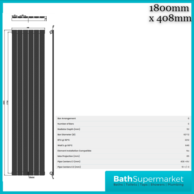 Sognare Bravo Anthracite Single Panel Designer Radiator 1800mm x Various Widths
