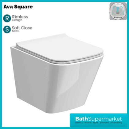 Ava Square Wall Hung Rimless Bathroom WC Slim Soft Close Toilet Seat
