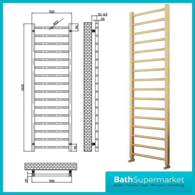 Sognare Vibraz Brushed Brass Designer Towel Radiator 500mm x 1600mm