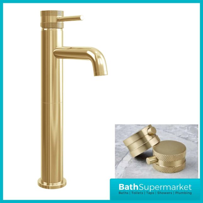Knurled Round Brushed Brass Tall Mono Basin Mixer Tap 2 Screw Head Types