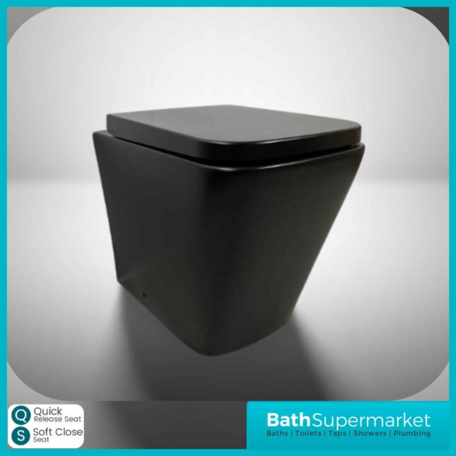 Matt Black Square Back To Wall Toilet Pan & Quick Release Soft Close Seat