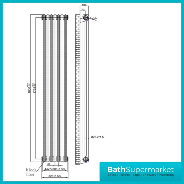 2 Column Raw Metal Vertical Designer Radiator 328mm x 1800mm