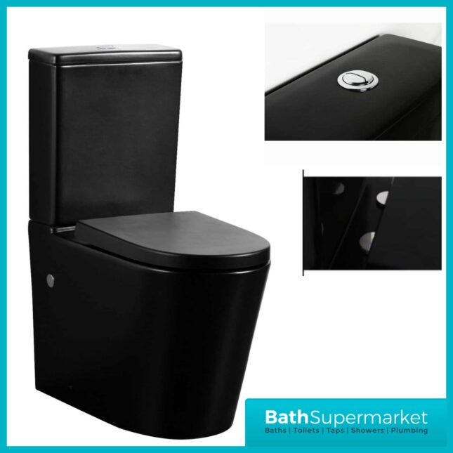 Nero Matt Black Round Close Coupled Rimless Toilet WC & Soft Close Seat