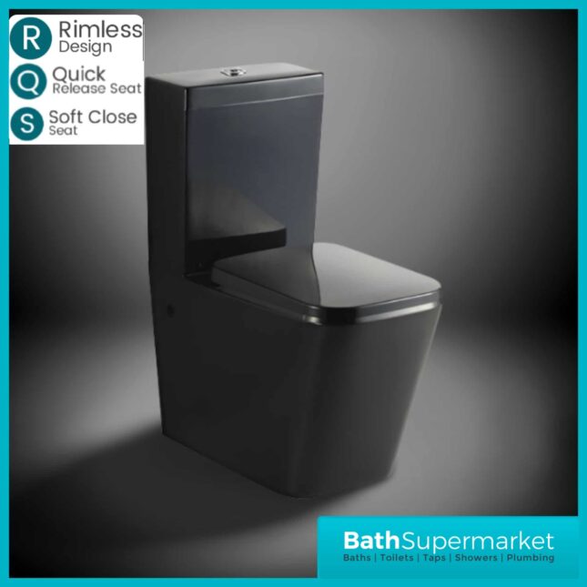 Nero Matt Black Square Close Coupled Rimless Toilet WC & Soft Close Seat