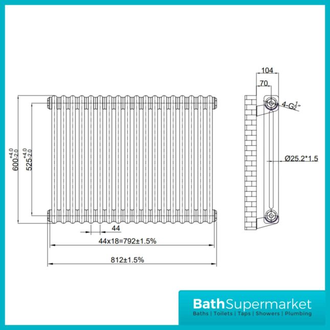 2 Column Raw Metal Horizontal Designer Radiator 812mm x 600mm - Image 5