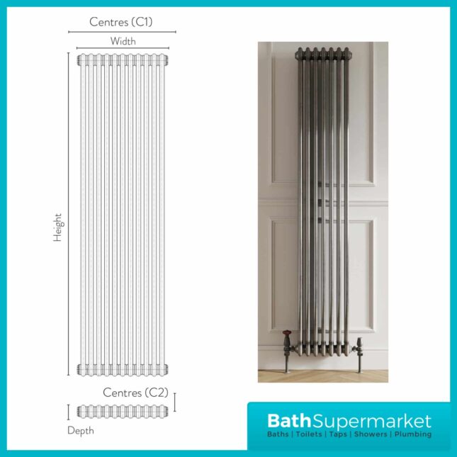 3 Column Raw Metal Vertical Designer Radiator 1800mm Height x Various Widths