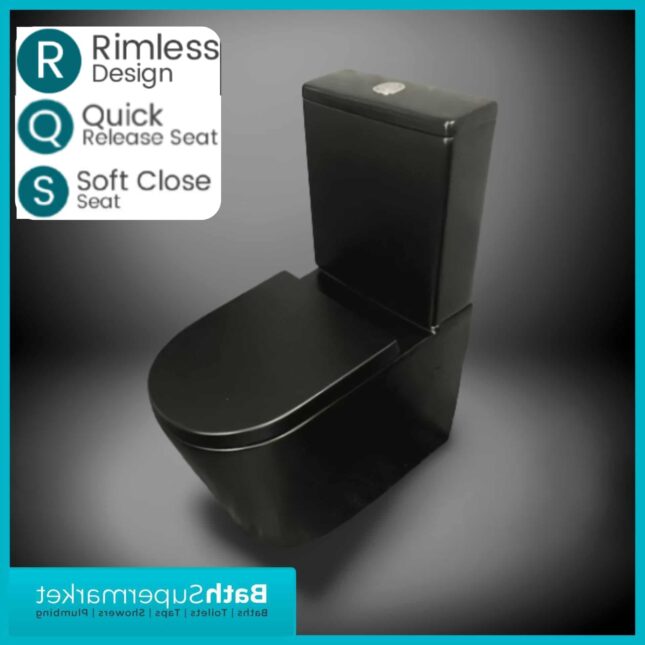 Nero Matt Black Round Close Coupled Rimless Toilet WC & Soft Close Seat