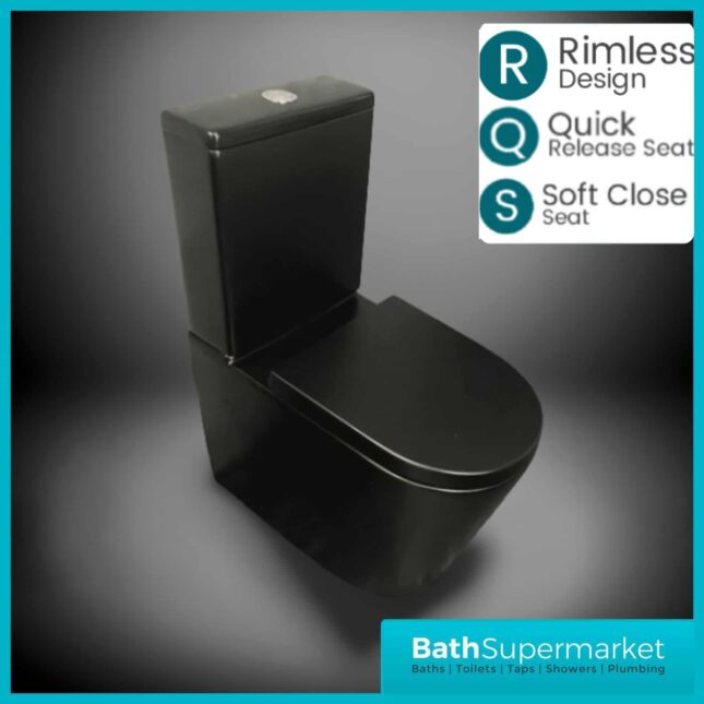 Nero Matt Black Round Close Coupled Rimless Toilet WC & Soft Close Seat
