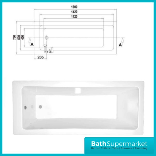Sanica Square Single Ended Acylic Bath 1600mm x 700mm - NTH