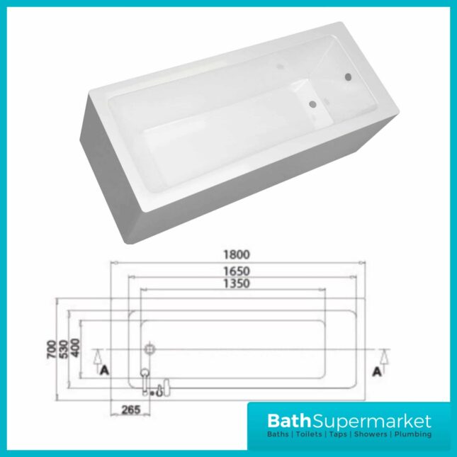Sanica Granada Square Single Ended Acrylic Bath 1800mm x 700mm - NTH - Image 3