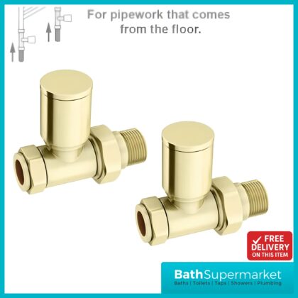 Brushed Brass Round Straight Manual Radiator Valves Pair