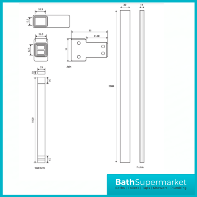 Sognare S8 Black Wetroom Screen Panels & Support Arm 700mm - 1200mm Width