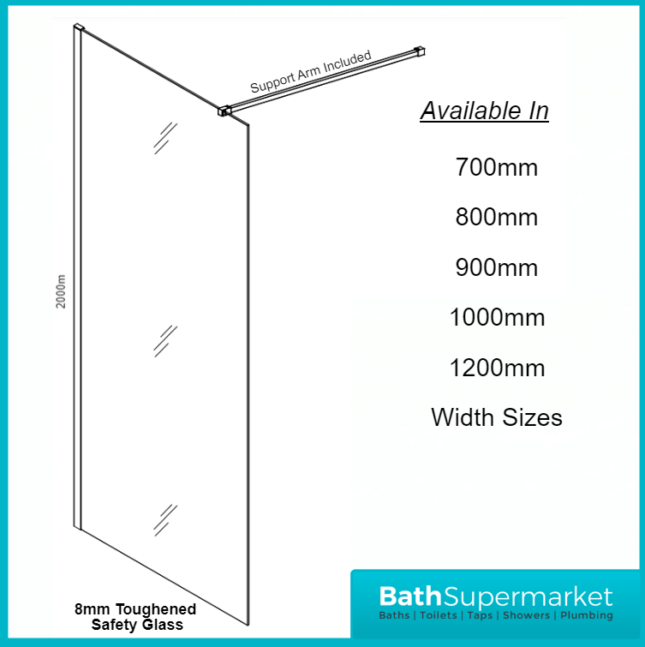 Sognare S8 Black Wetroom Screen Panels & Support Arm 700mm - 1200mm Width