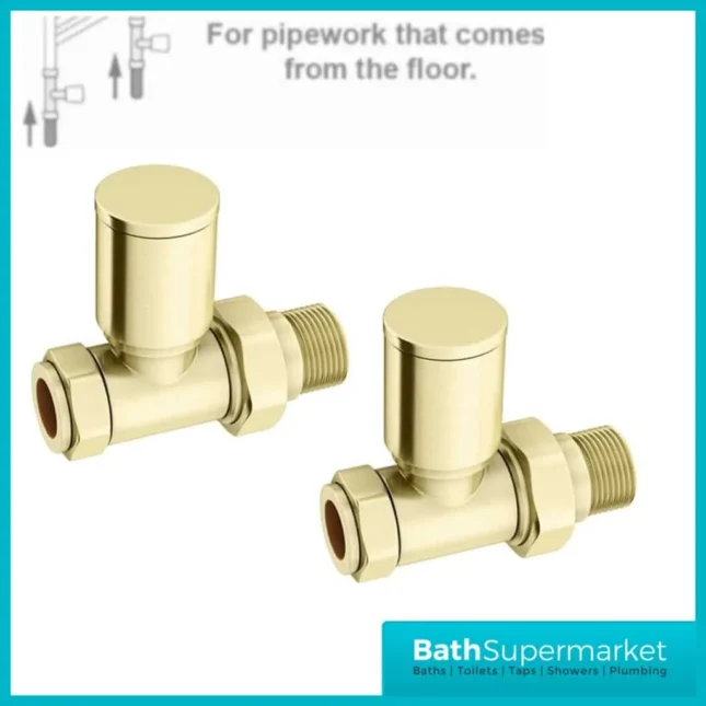 Brushed Brass Round Straight Manual Radiator Valves Pair