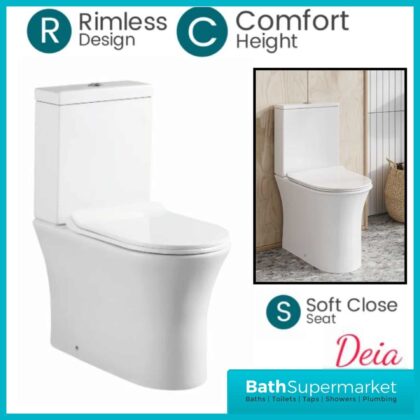 Deia Comfort Height Rimless Closed Coupled Toilet Pan WC & Soft Close Seat